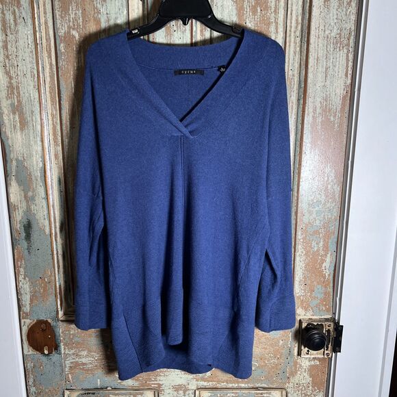 Cyrus Blue Women’s L V-Neck Sweater Soft High Low Wide Ribbed Hem & Cuffs - Picture 1 of 11